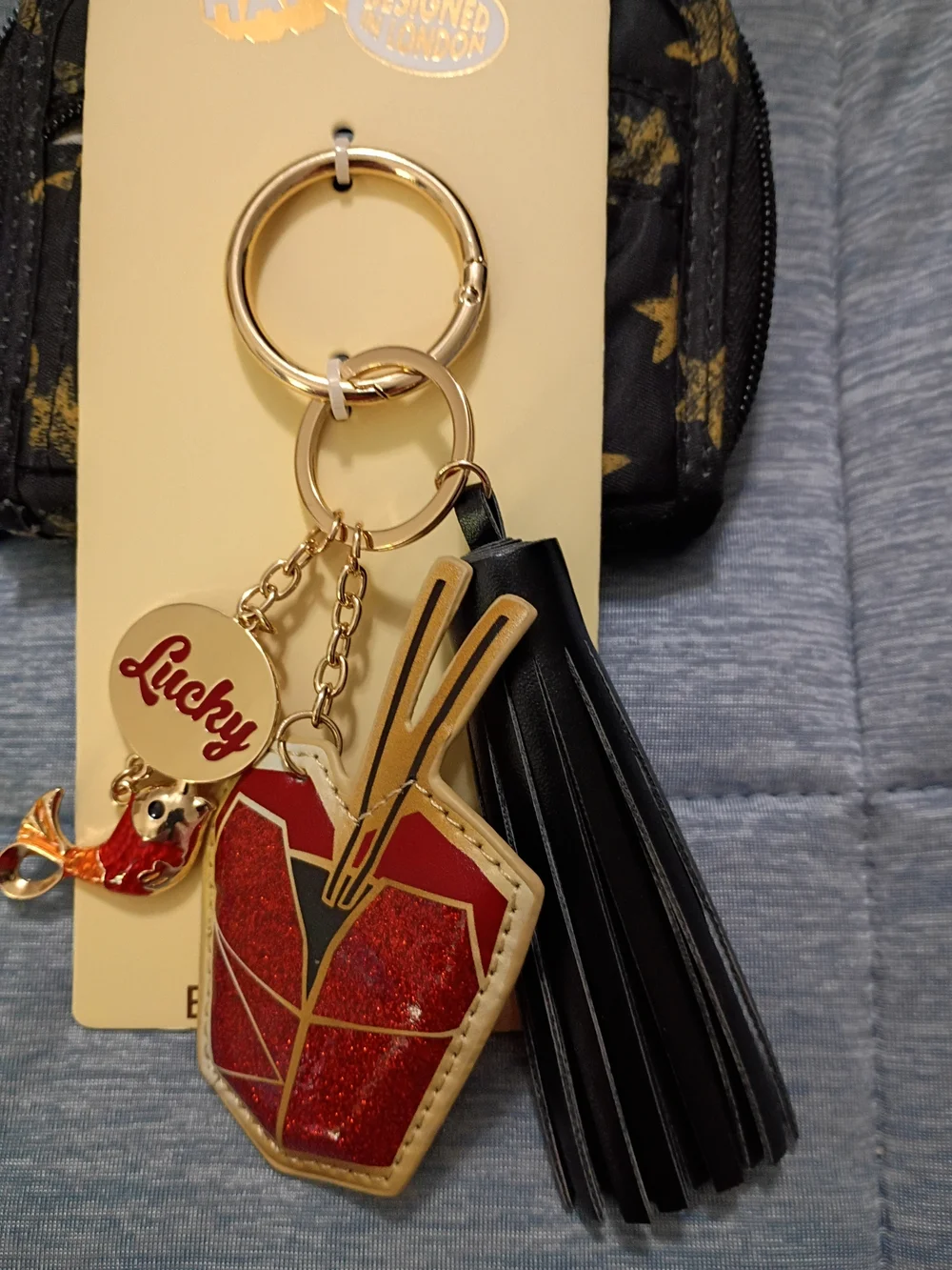 Lucky Red Glitter Takeout Charm Keychain with Black Tassel Koi Fish
